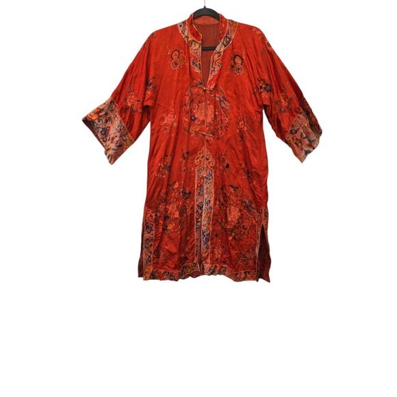No Brand Tops - Red Asian Satin Kimono Vintage Mid Length Embroidered Pattern Button Down Flaw m